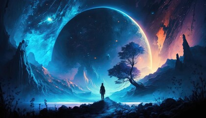 Fantasy the blue light world galaxy landscape created with Generative AI technology