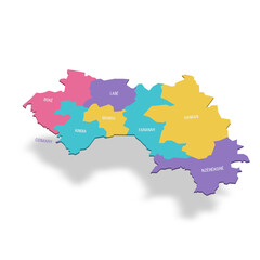 Guinea political map of administrative divisions - regions. 3D colorful vector map with name labels.