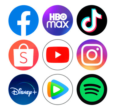 Set of popular mobile apps round icons: TikTok, Facebook, HBO Max, TikTok, Shopee and others