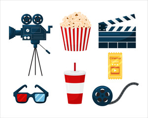 Vector cinema elements set. Popcorn basket, vintage video camera, 3d glasses, clapperboard, montagetape, ticket, drink isolated on white background. Collection icon cinematography for movie maker