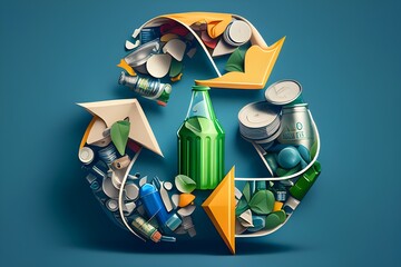 A recycling logo made up of various recyclable items with wire as outline - obrazy, fototapety, plakaty