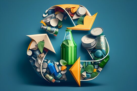A recycling logo made up of various recyclable items with wire as outline