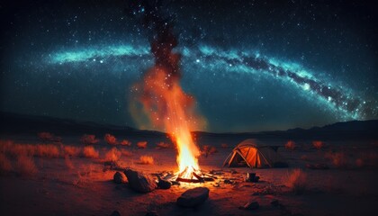 Camping site at night. Lit by brightly burning bonfire small tourist tent on forest clearing under clear dark blue starry sky  background. Beauty of nature and tourism concept.