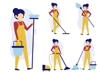 Fototapeta na wymiar Set of maid or housekeeper in cartoon characters different actions vector