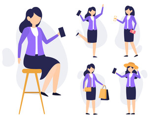 Fototapeta premium set of woman shopping online in cartoon characters vector