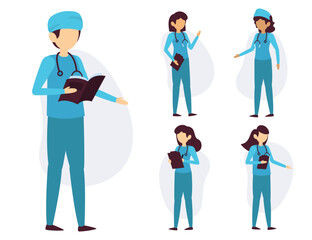 Obraz premium Set of medical personal in cartoon characters different actions vector