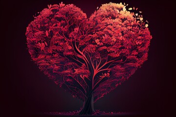 Heart tree. Red heart shaped tree. Valentine background. Love. Valentines day illustration. Generative AI
