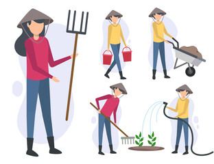 Set of farmer or agriculturist in cartoon character vector illustration