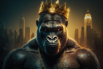 Gorilla king wears a gold crown  ,new you york city on the background ,cyberpunk colored light around ,Generative AI
