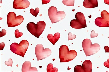Seamless pattern with watercolor red hearts isolated on white background. Generative AI