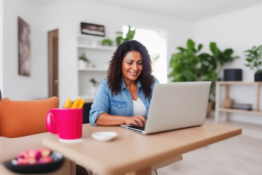 Candid portrait of a Hispanic American woman working from home on her computer in a modern apartment, 40 years old, generative ai