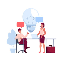 Man and Woman Discussing Ideas in Office. Cheerful Employees Found the Best Solution. Cartoon Vector Illustration