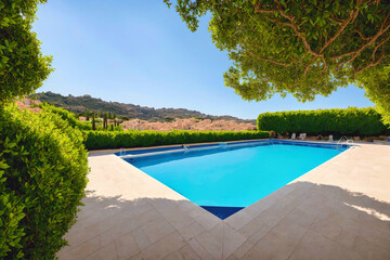 view of swimmingpool with calm clear blue water surrounded by a lush green hedge next to a hillside with a blue sky in background shot from shadows ander the tree mediterranean resort, generative AI
