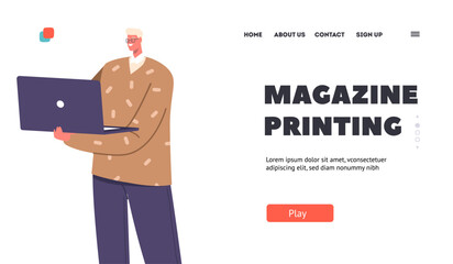 Magazine Printing Landing Page Template. Young Man Holding Laptop. Male Programmer or Web Designer Character