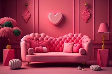 Valentine interior room have pink sofa and home decor for valentines day. Generative AI