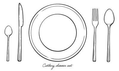 Plate with cutlery set knife spoon fork vector line art illustration - obrazy, fototapety, plakaty
