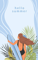 Hello Summer poster, card  with woman in bikini on the beach with surfboad. Water extreme sport, travelling, summer vacation, tourism, holiday. Vector illustration with place for text