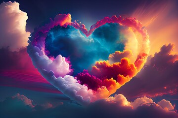 beautiful colorful valentine day heart in the clouds as abstract background. Generative AI