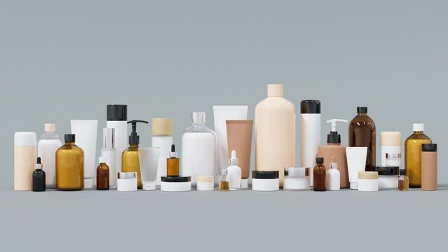 Group of different cosmetic bottles and jars 3D render