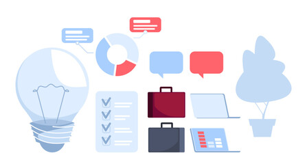 Set of Office Items Chart, Task List, Email. Briefcase, Laptop, Lamp and Plant Icons. Subjects of Busy People