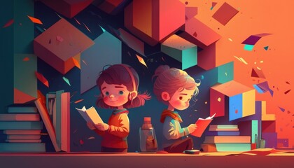 illustration of two children reading a book as background.



