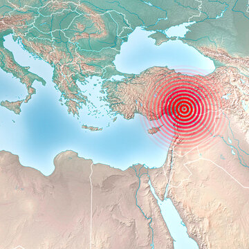 Earthquake map in Turkey and Syria, shake, elements of this image are furnished by NASA. Land struck by a strong earthquake magnitude. 7.8-Magnitude Earthquake Strikes Turkey, 3d rendering