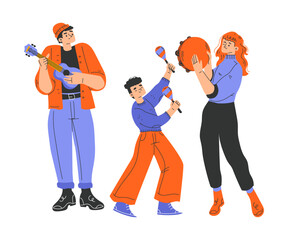 Musical Family with Parent and Kid Playing Instrument Vector Illustration