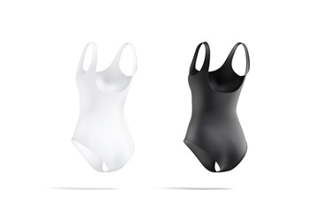 Blank black and white one-piece swimsuit mockup, back side view