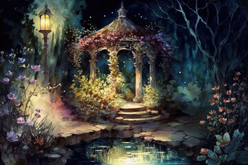 Enchanted garden at night, fairy tale-like, watercolor Background. Generative AI illustration