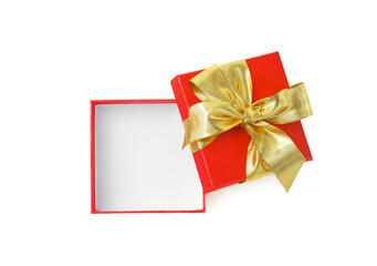 Red empty gift box open with  golden bow and ribbon on  transparent