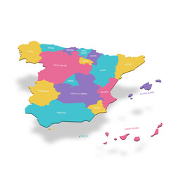 Obraz premium Spain political map of administrative divisions - autonomous communities and autonomous cities of Ceuta and Melilla. 3D colorful vector map with name labels.