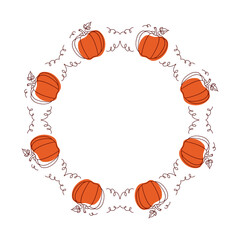 Decorative round frame with pumpkin. Autumn circle frame. Template for autumn decorative design. Vector illustration.