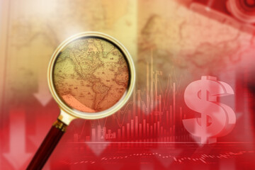 Magnifying glass on vintage retro USA map currency downgrade. Vintage camera on antique America map. America currency Down. Falling USA currency.