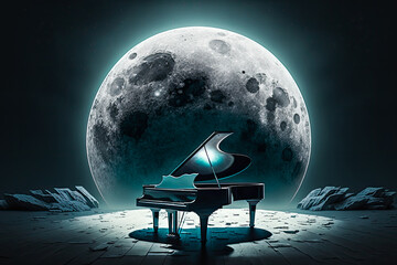 surreal, colorful painting of a grand piano standing in front of a giant moon on a dark background