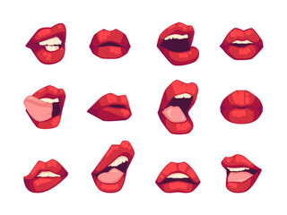 Naklejka na ściany i meble Women Mouths with Red Lipstick Set. Plump Lip Movements. Licking, Biting Lips Pictures. Cartoon Vector Illustration