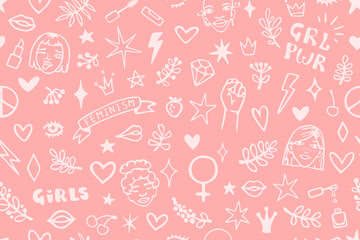 Vector seamless pattern with hand drawn elements on feminism theme: faces, raised fist, slogans, symbols, lips, hearts, branches and stars.