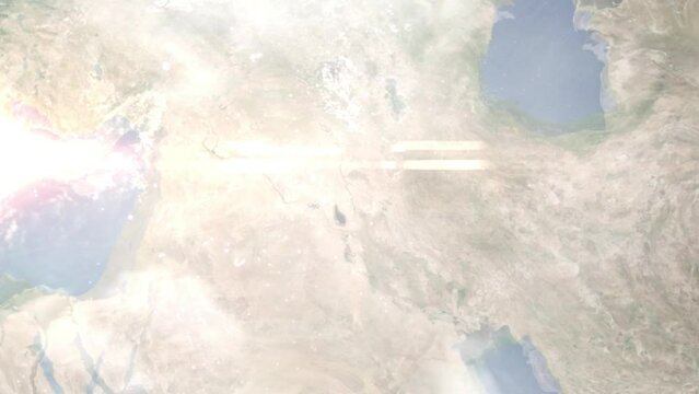 Earth zoom in from outer space to city. Zooming on Tikrit, Iraq. The animation continues by zoom out through clouds and atmosphere into space. Images from NASA