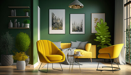 Interior of modern living room with yellow armchair and coffee tables