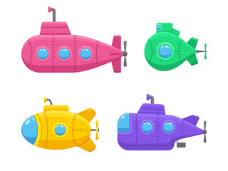 Colorful submarines set with periscope isolated on white background. Underwater ship, bathyscaphe floating under sea water. Deep-sea subs for water transportation. Vector illustration - obrazy, fototapety, plakaty
