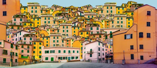 Foto auf Acrylglas Ligurien Himmel über Gebäuden der Piazza del Vignaiolo Riomaggiore, 5 lands, Liguria, Italy 
