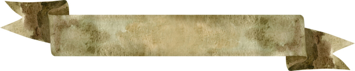 Watercolor vintage olive-colored ribbon. Hand painted banners isolated on white background.