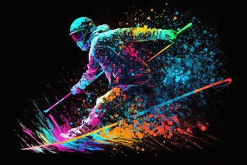 Obraz na płótnie Canvas Abstract neon art background, wallpaper, t-shirt pattern paint splash, skier