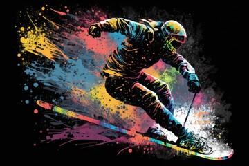Fototapeta na wymiar Abstract neon art background, wallpaper, t-shirt pattern paint splash, skier