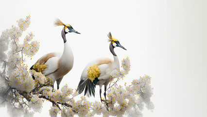 Obraz premium Pair of red crowned cranes on light blurred background. Generative AI.