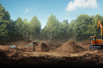 Fototapeta Landscaping works with mini excavator at home construction site. Terrain works. Generative AI obraz