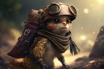 surreal character design, small monkey with backpack on journey, Generative Ai