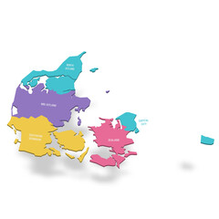 Fototapeta premium Denmark political map of administrative divisions - regions. 3D colorful vector map with name labels.