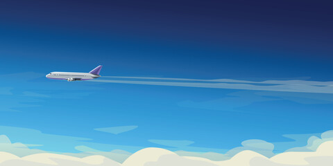 modern commercial airplane side view above clouds