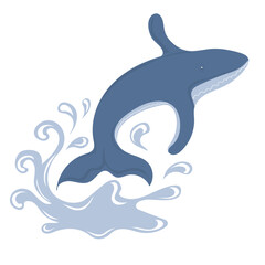 Blue whale jumping in water. Marine dweller. Concept of sea and ocean life. Vector illustration