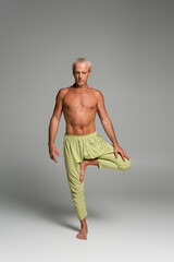 full length of barefoot man in pants standing on one leg in balance yoga pose on grey.